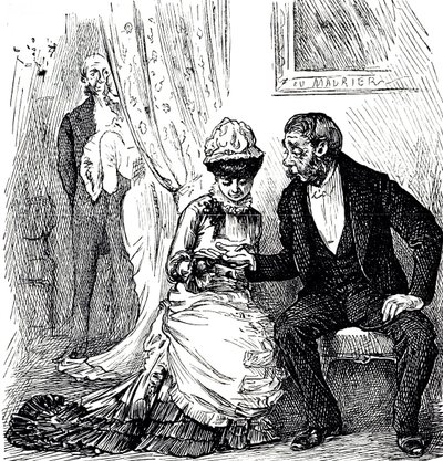 Een cartoon over de populariteit van handlezen onder de rijken door George du Maurier