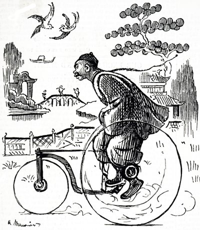 Een cartoon van een Chinese man die op een driewieler door een park in China rijdt door George du Maurier