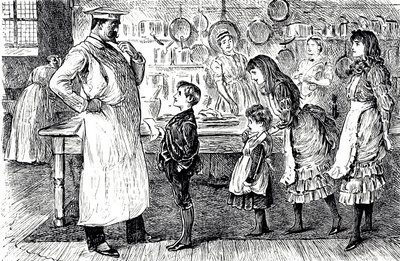 Een cartoon die een chef-kok afbeeldt die bestellingen opneemt van de kinderen van het huis. Geïllustreerd door George du Maurier (1834-1896) een Frans-Britse cartoonist en auteur door George du Maurier