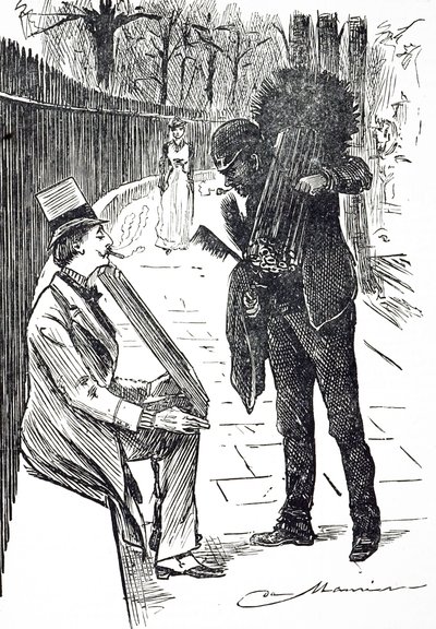 Een cartoon van een schoorsteenveger die zijn borstels door de straten van Londen draagt door George du Maurier