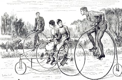 Een cartoon van een groep jonge mensen op driewielers door George du Maurier
