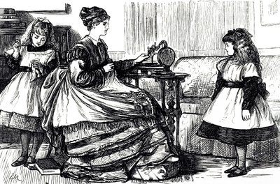 Een cartoon die een jonge moeder toont die een naaimachine gebruikt. Geïllustreerd door George du Maurier (1834-1896) een Frans-Britse cartoonist en auteur door George du Maurier