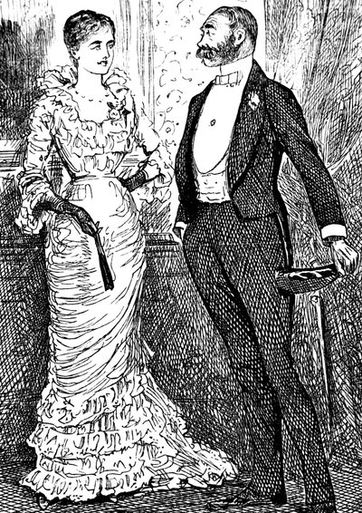 Een vrouw en heer in formele kleding door George du Maurier