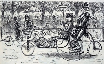 Een gravure die passagiers toont in fietskarren door George du Maurier