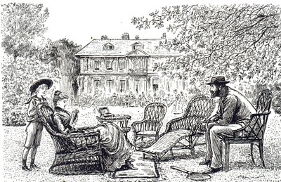 Een gravure die typisch vlechtwerkmeubilair afbeeldt. Geïllustreerd door George du Maurier door George du Maurier