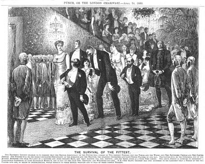 Toepassing van het Darwinisme in de twintigste eeuw. Door George du Maurier, 24 april 1880 (cartoon uit Punch, Londen) door George du Maurier