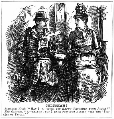 Voordelen van universitaire opleiding voor vrouwen. George du Maurier cartoon uit Punch, Londen 8 december 1887. Jonge man in trein biedt afgestudeerde van Girton, Cambridge, wat lichte lectuur aan voor de reis. Ze weigert beleefd omdat ze zichzelf heeft u door George du Maurier