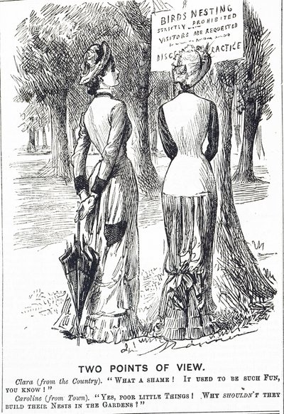 Cartoon die commentaar geeft op de Vogelbeschermingswet 1880 door George du Maurier