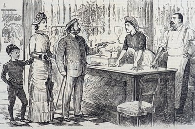 Cartoon over de wankele kennis van het metrieke stelsel van de gemiddelde Engelsman door George du Maurier