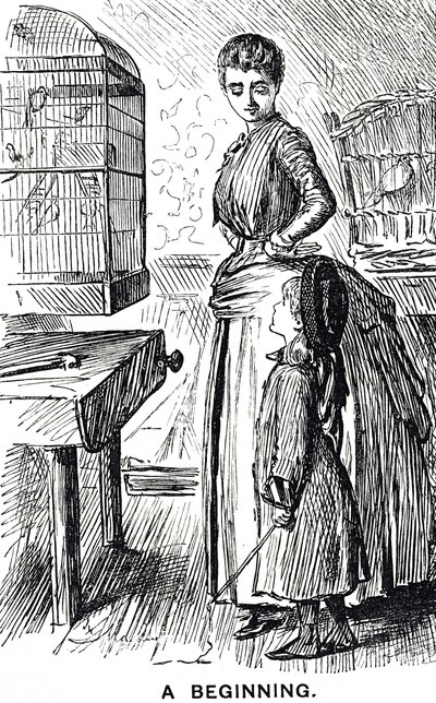 Cartoon die commentaar geeft op de populariteit van kooivogels in Groot-Brittannië door George du Maurier