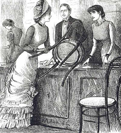 Cartoon die commentaar geeft op de werkomstandigheden van winkelbedienden door George du Maurier