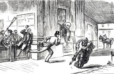 Cartoon die dokter Meilanion Jones afbeeldt, die zichzelf ingehaald ziet in de race om patiënten door de mooie dokteres Atlanta Robinson door George du Maurier