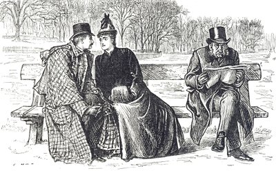 Cartoon die een stel toont dat liefkozingen uitwisselt op een parkbank, terwijl de man naast hen afkeurend toekijkt door George du Maurier