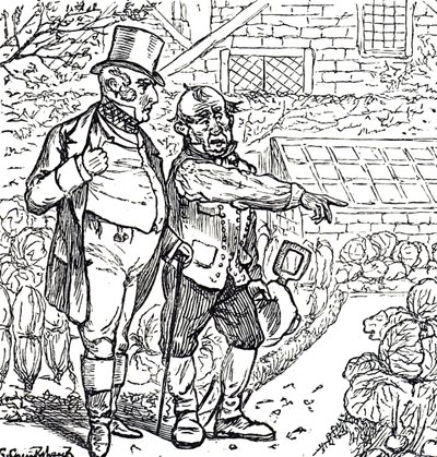 Cartoon die een heer met de tuinman in de groentetuin toont door George du Maurier