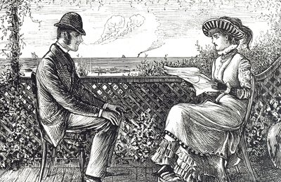 Cartoon die een echtpaar toont - de man is verantwoordelijk voor de schulden van zijn vrouw tenzij hij een herroeping van zijn verantwoordelijkheden publiceerde door George du Maurier