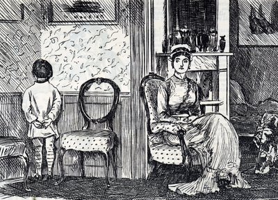 Cartoon die een moeder afbeeldt die haar zoon straft door hem met zijn gezicht naar de muur te laten staan door George du Maurier