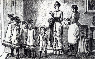 Cartoon die een moeder met haar kroost toont door George du Maurier