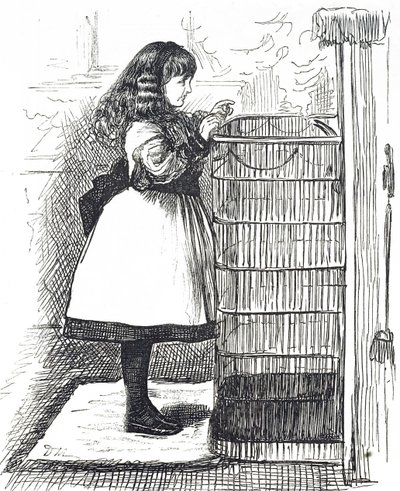 Cartoon die een jong meisje afbeeldt dat voor een groot vuurrooster staat door George du Maurier