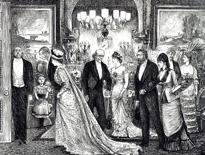 Cartoon die een elegante soirée in een Victoriaans huis toont door George du Maurier