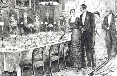 Cartoon getiteld "Going into Dinner" die een jong stel afbeeldt dat een eetkamer binnenkomt door George du Maurier