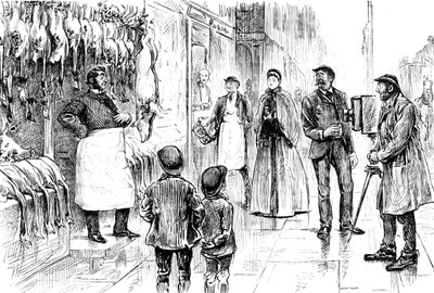 Gravure die een slager en poelier afbeeldt die voor zijn kerstetalage wordt gefotografeerd door George du Maurier. George du Maurier (1834-1896) een Frans-Britse cartoonist en auteur. Gedateerd 19e eeuw door George du Maurier