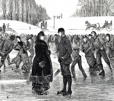 Gravure die een middelbaar echtpaar afbeeldt dat schaatst door George du Maurier