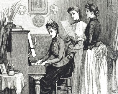 Gravure van jonge dames die zingen in de salon door George du Maurier