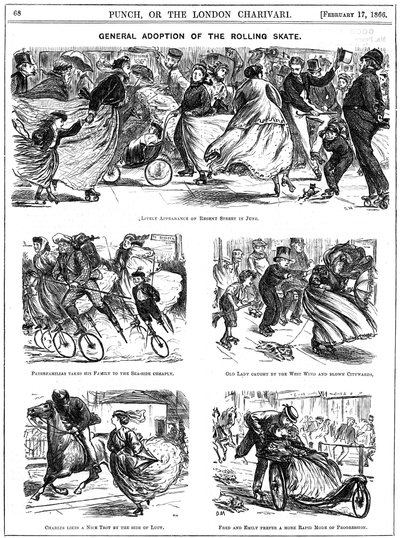 Algemene adoptie van de rolschaats. George du Maurier cartoons uit Punch door George du Maurier