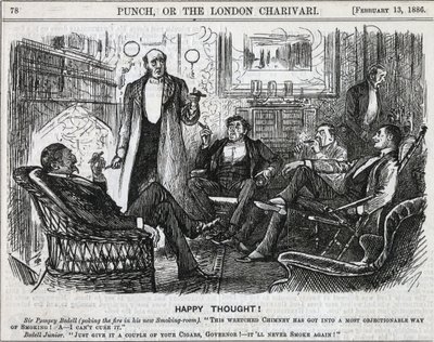 Heren verzameld in de rookkamer, rokend na het diner. George du Maurier cartoon uit Punch, Londen 1886 door George du Maurier