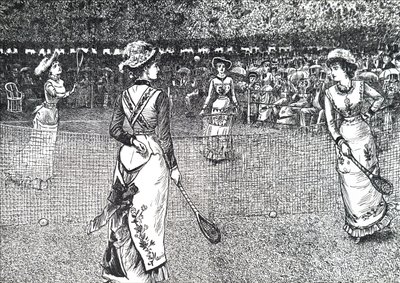 Dames die lawn tennis spelen door George du Maurier