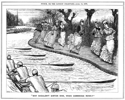 Rolschaatsen zeer in de mode. Damesstudenten van Girton zwaaien naar roeiers op de rivier. George du Maurier cartoon uit Punch, Londen door George du Maurier