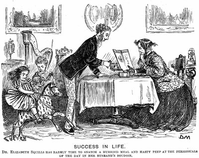 Succes in het leven: Rolomkering en de moderne professionele vrouw. George du Maurier cartoon voor Punch Almanack voor 1867. In 1865 kreeg Elizabeth Garrett Anderson een vergunning om geneeskunde te beoefenen door de Society of Apothecaries door George du Maurier