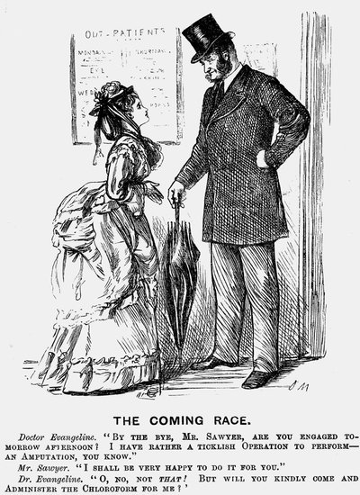 Het komende ras. De chirurg van de toekomst. George du Maurier cartoon uit Punch, Londen 14 september 1872, toont de neerbuigende houding die vrouwen in de medische professie konden verwachten van mannelijke collega