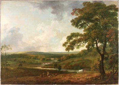 Een uitzicht in Welbeck Park met een kronkelende stroom door George the Elder Barret