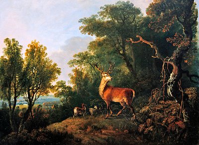 Een hert en drie hinden in een boslandschap door George the Elder Barret