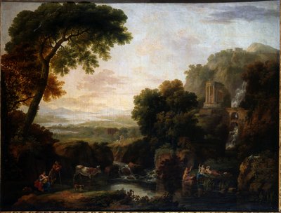 Italiaans landschap met een capriccio uitzicht op Tivoli, een herder en herderin en vee door George the Elder Barret