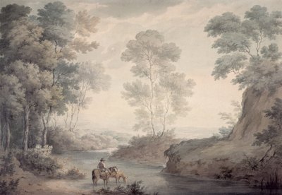 Landschap met Rivier en Paarden die Drinken door George the Elder Barret
