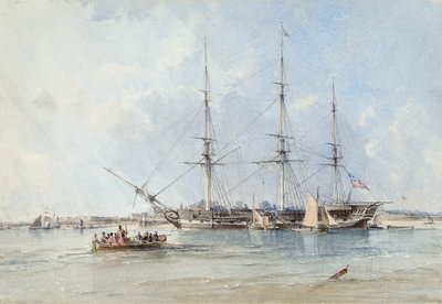 Het Blackwall fregat Seringapatam voor anker bij Tilbury Fort door George the Elder Chambers