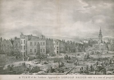 Een uitzicht op de noordelijke benadering van de London Bridge tijdens de bouw door George the Elder Scharf