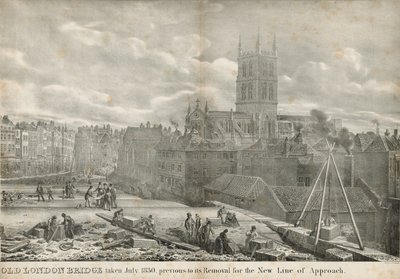 Oude Londen Brug genomen juli 1830, voorafgaand aan de verwijdering voor de nieuwe toegangsweg door George the Elder Scharf