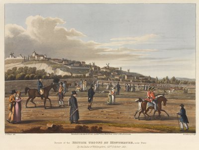 Review van de Britse troepen bij Montmatre, nabij Parijs, door de Hertog van Wellington, 21 oktober 1815, gegraveerd door M. Dubourg, 1819 door George the Elder Scharf
