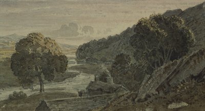 Avond, landschap, met huisje en rivier door George the Younger Barret