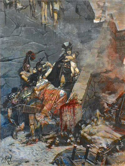 Andromache - Andromaque (Odysseus scheurt Astyanax uit de armen van Andromaque om hem van de top van de muren van Troje te gooien) - GRAVURE NAAR HET SCHILDERIJ VAN George-Antoine Rochegrosse (1859-1938) door Georges (after) Rochegrosse