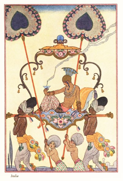 Een adellijke vrouw verbrandt wierook in een draagstoel, oud India, 1928 door Georges Barbier