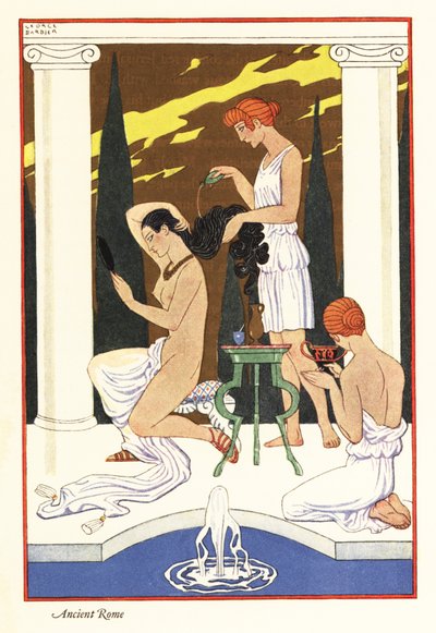 Een slaaf giet geurende olie op het haar van haar meesteres, oud Rome, 1928 door Georges Barbier