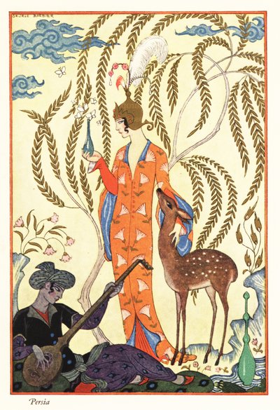 Een vrouw houdt een parfumfles vast, oud Perzië door Georges Barbier