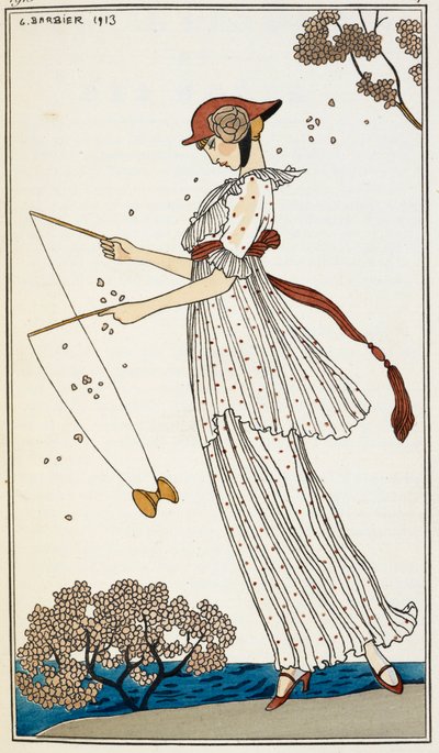 Een vrouw in een bedrukte witte linnen jurk, spelend met een speelgoed door Georges Barbier