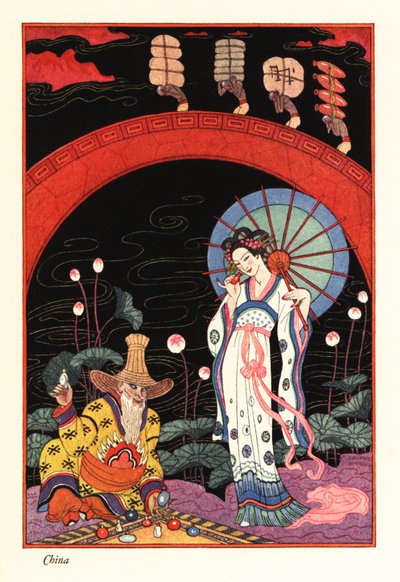 Een jonge vrouw met lakparasol die aan een parfumfles ruikt door Georges Barbier