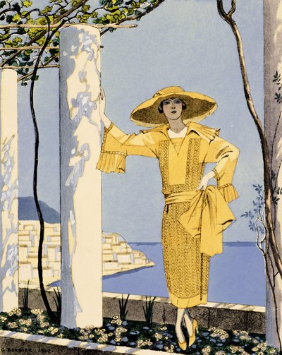 Amalfi, illustratie van een vrouw in een gele jurk door Worth door Georges Barbier