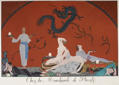 Chez la Marchande de Pasots. Mensen, sommigen naakt, liggen rond in een kamer. Chinese decoratie. door Georges Barbier